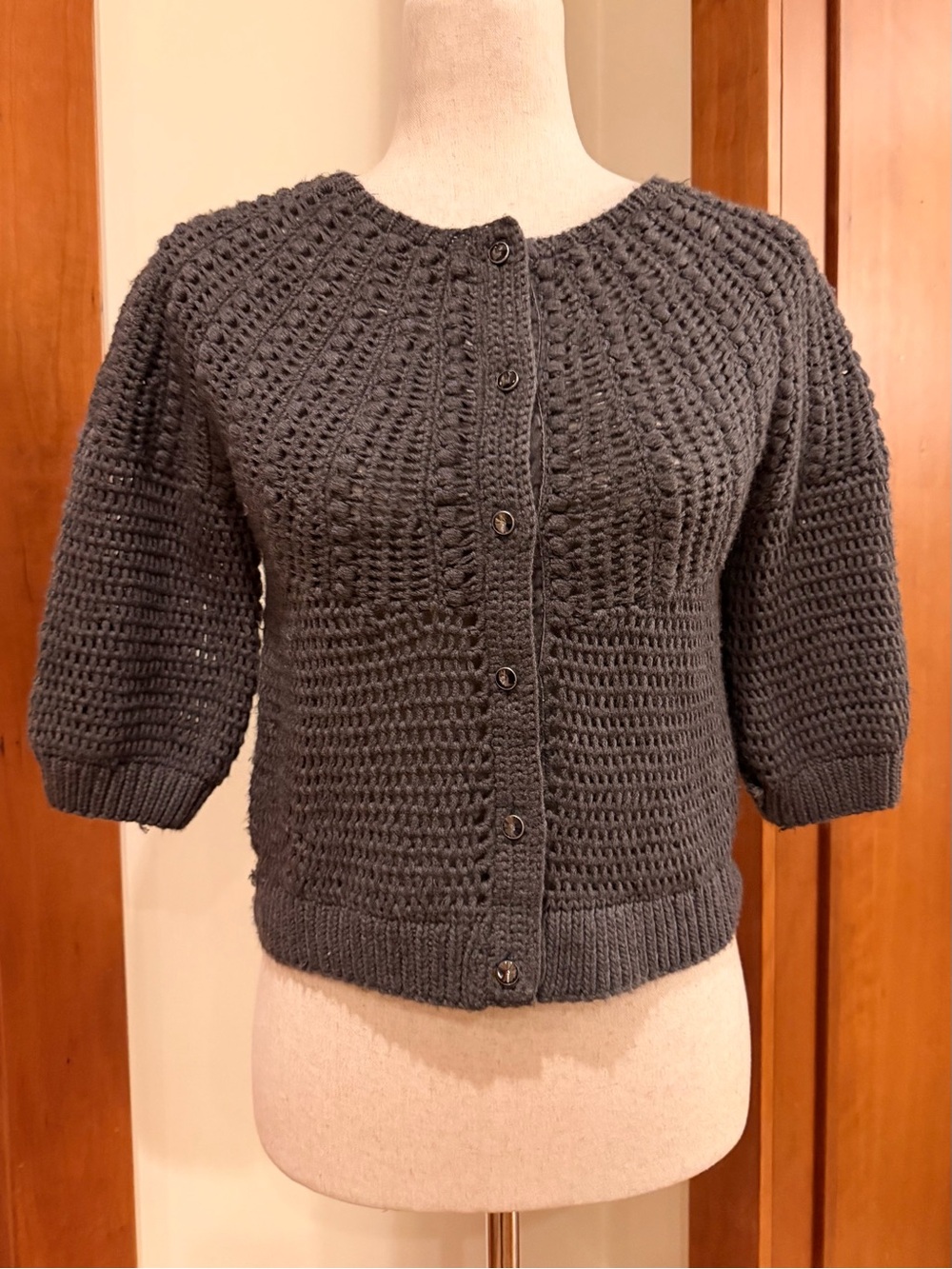 Ann Taylor Dark Gray Cropped Chunky Knit Button Cardigan